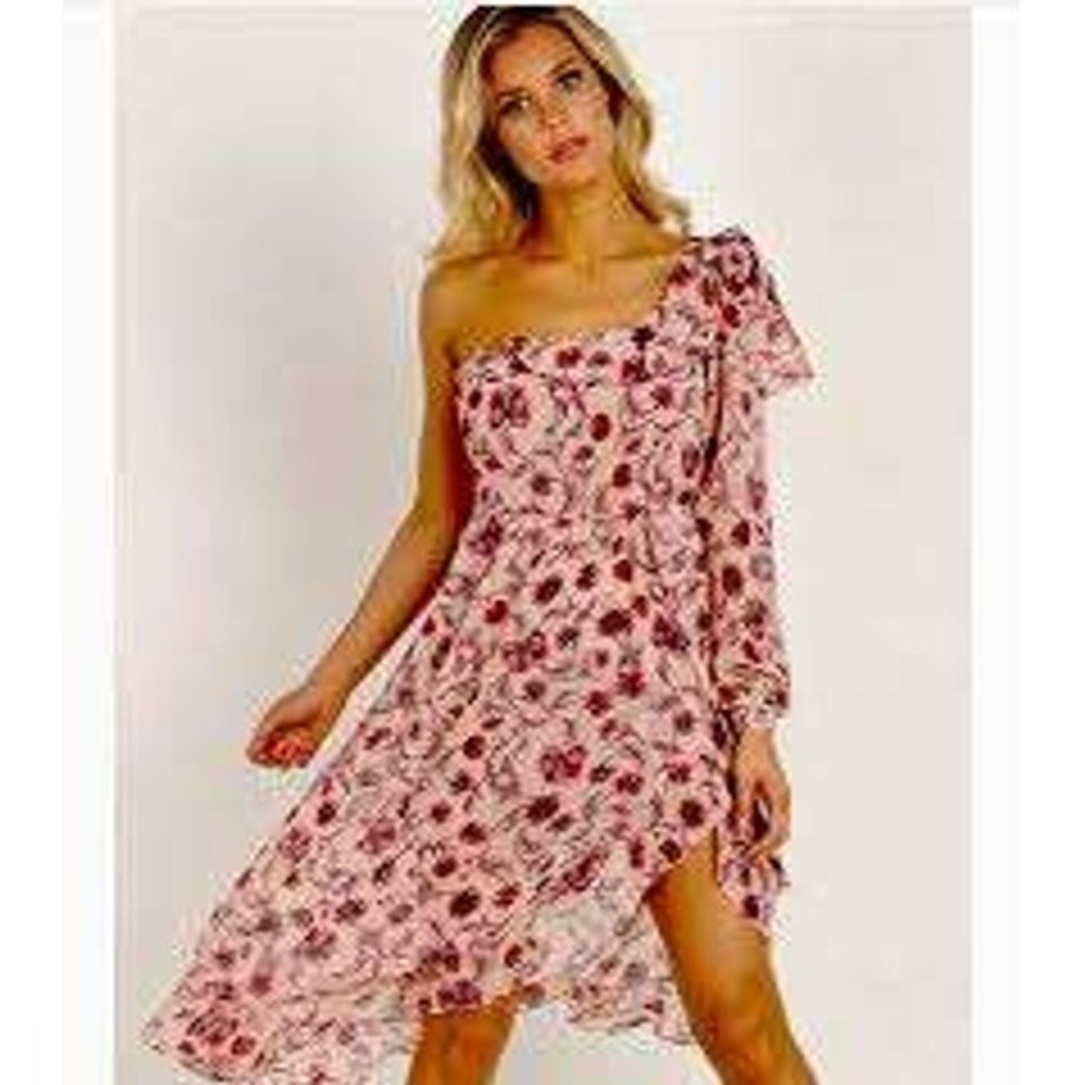 For Love and Lemons Floral One Shoulder Ruffle High-Low Midi Dress Wedding Guest - Picture 3 of 8